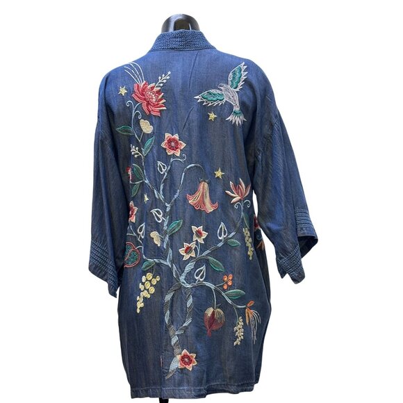 NWT Johnny Was Embroidered Denim-Style Open Cardigan M/L Blue Floral - Picture 2 of 7